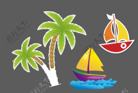 卡通帆船椰子树