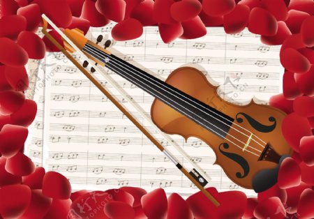 带有音符键和红色花瓣背景的小提琴