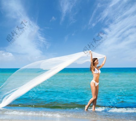 海边举着纱巾的美女图片