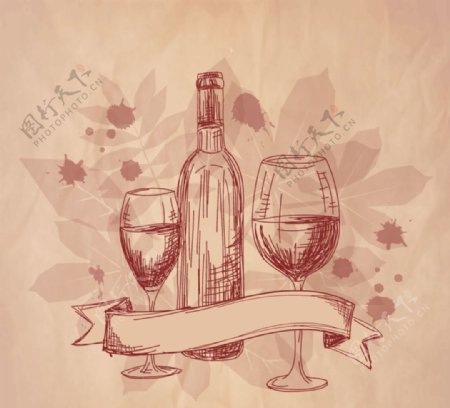 手绘葡萄酒与酒杯矢量素材