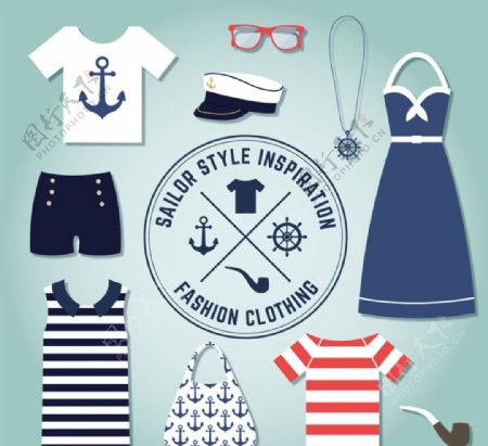 夏季海军风格服饰与配饰矢量图