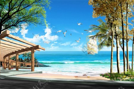 海边沙滩风景背景墙装饰画