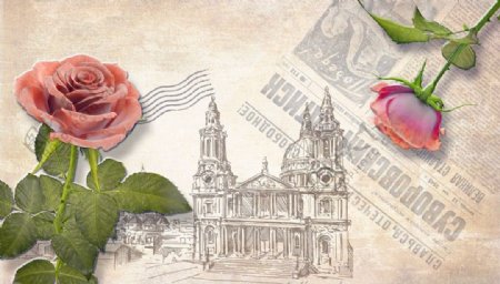 玉雕玫瑰花和建筑背景墙图片