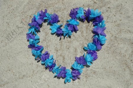 蓝色花朵拼成的心形图片