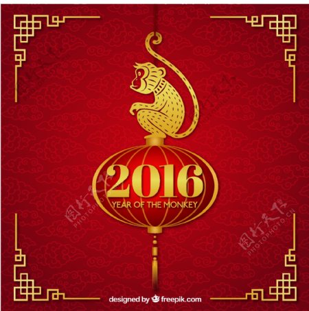 中国新年背景与一只金色的猴子