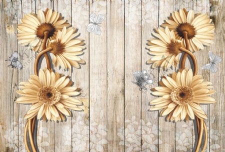 木板菊花背景墙
