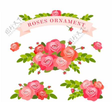美丽玫瑰花束和丝带矢量素材