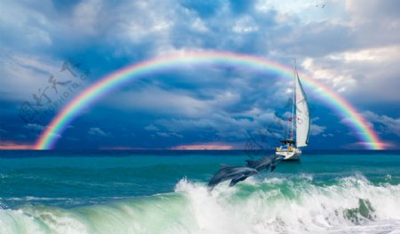 唯美海边彩虹风景图片