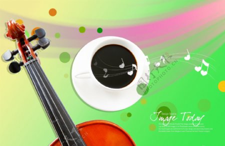 小提琴与咖啡杯子音符PSD分层素材
