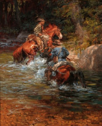 骑马打猎的牛仔油画图片