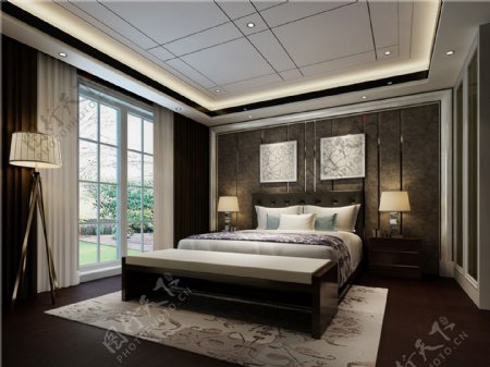 欧式简约卧室大床落地窗设计图