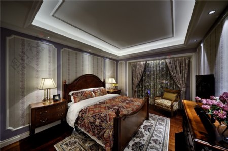 美式时尚卧室大床落地窗设计图