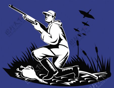 猎人瞄准步枪在鸭