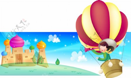 卡通矢量热气球城堡素材