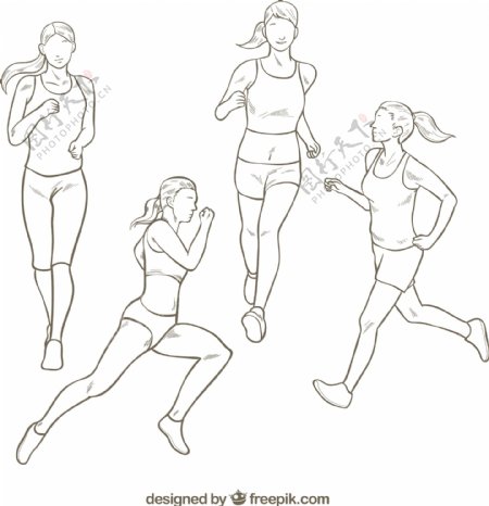 手绘不同跑步姿态的女人