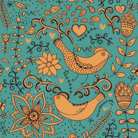 花鸟无休止的花卉图案的无缝模式的无缝纹理可用于墙纸