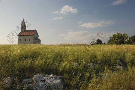 草原上的教堂风景图片