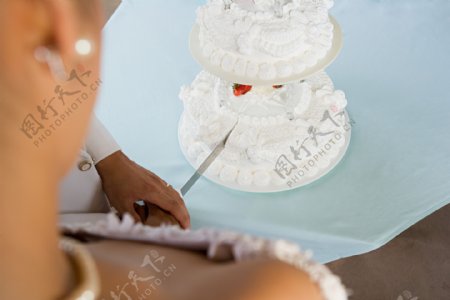 正在切蛋糕的新娘俯视图图片图片