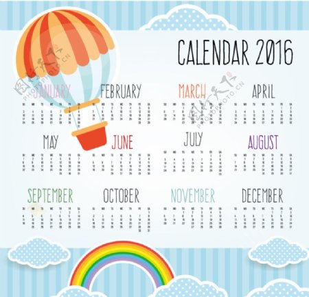 彩色热气球年历矢量图