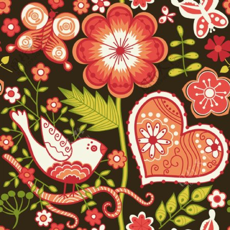 花鸟无休止的花卉图案的无缝纹理