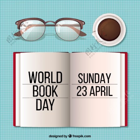 带眼镜和咖啡的书日背景