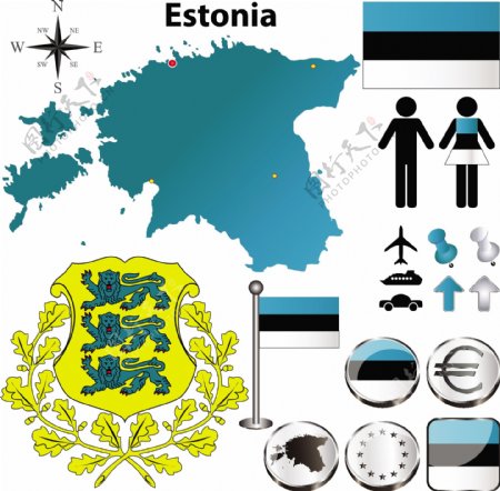 爱沙尼亚地图国旗
