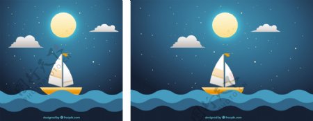满月和帆船海上夜晚背景