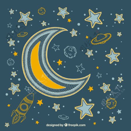 手绘月亮与星星行星装饰图案