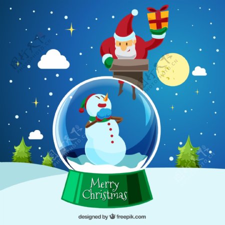 圣诞快乐的背景与雪球可爱的圣诞老人