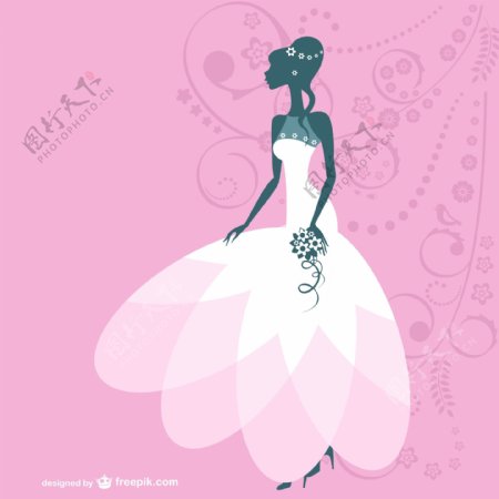 新娘的剪影有白色的婚纱和粉色的背景