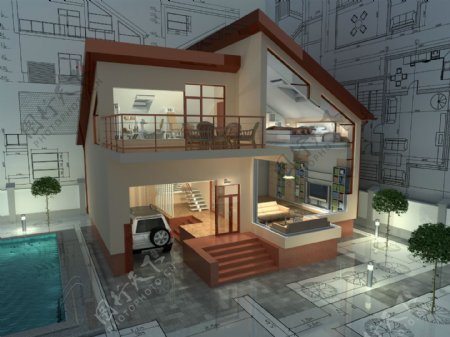 渲染的房屋模型与图纸