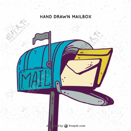 蓝色的邮箱背景和手绘信封