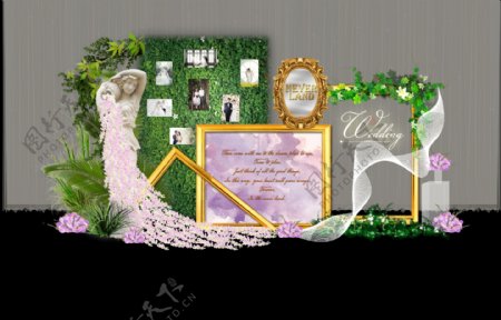 森系金色相框叶墙婚礼展示效果图
