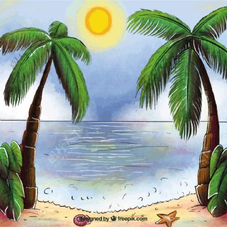 棕榈树海边太阳景色背景