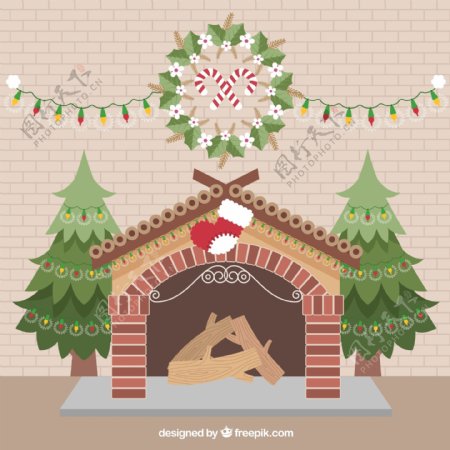 壁炉背景与精美的圣诞装饰