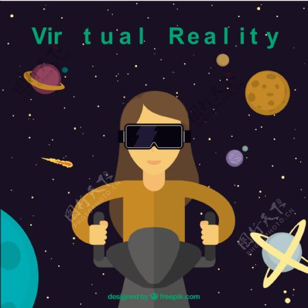 背景与行星和妇女使用虚拟眼镜