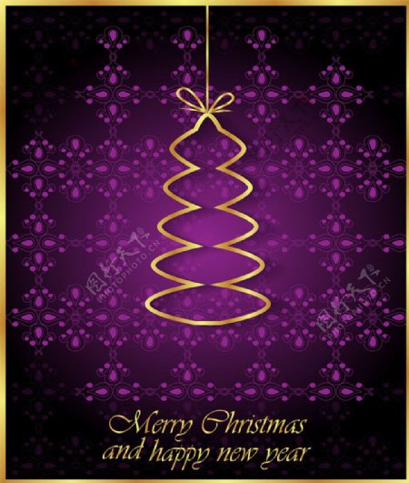 紫色花纹金色圣诞树图片