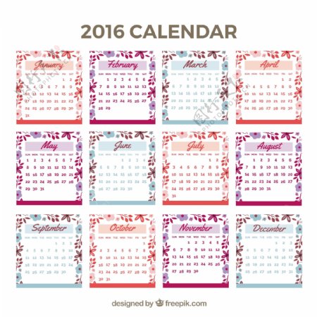 可爱的2016日历与花的细节