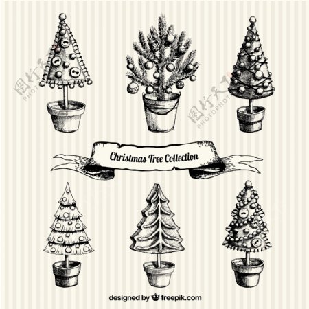6款手绘圣诞树盆栽矢量素材
