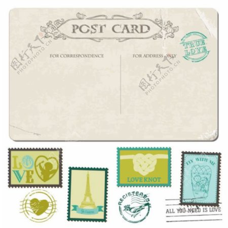 复古婚礼明信片与邮票矢量素材下载