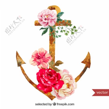 水彩玫瑰和船锚