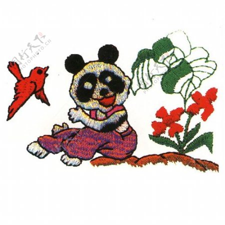 绣花动物熊猫植物花免费素材