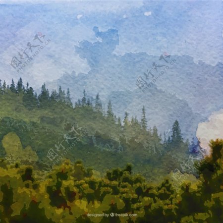 水彩绘森林风景矢量素材