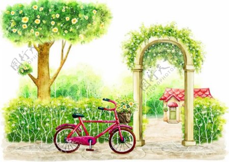 韩式风景绿色庭院插画设计psd素材