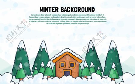 手绘冬季背景与房屋树木