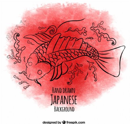 手绘日本鱼用水彩颜料的背景