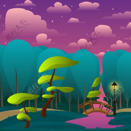 紫色天空的卡通风景