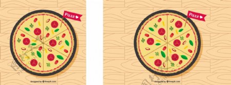 比萨的背景与平设计的番茄和干酪