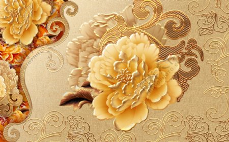 金色牡丹中式风格电视背景墙
