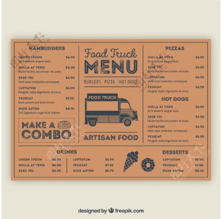 经典食品的卡车与手绘风格的菜单